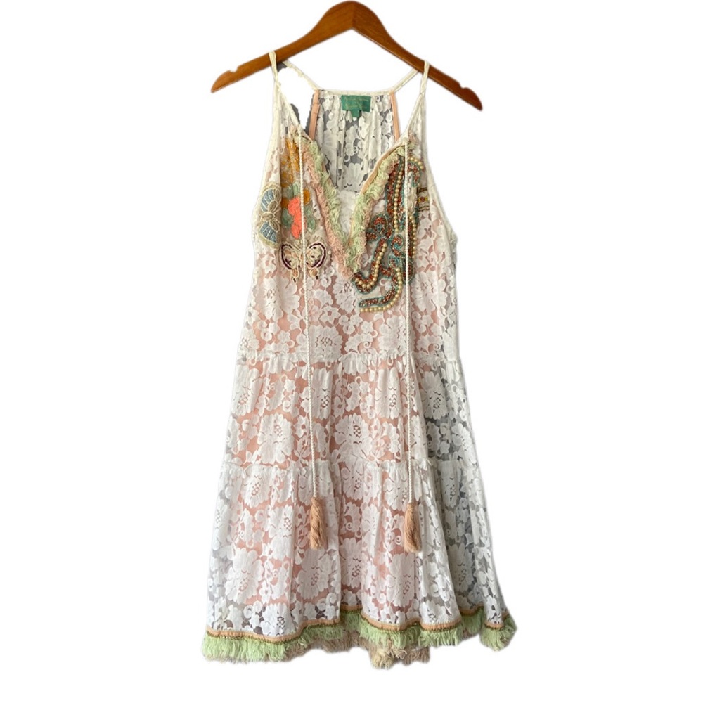 Antica Sartoria Sleeveless White Lace Beaded Fringe Swimsuit Coverup Dress Large